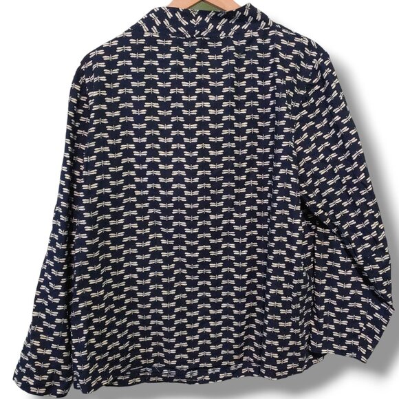 made by lisa b. shirt womens Medium mock neck woven top Blue w/ cream dragonfly - Picture 2 of 5